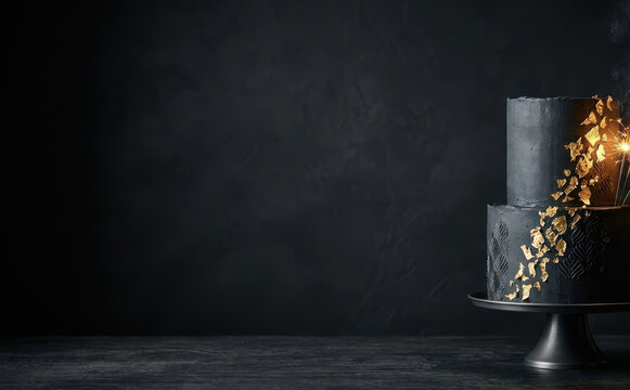 Elegant dark minimalist two tier cake with gold leaf and sparkler on black rustic background