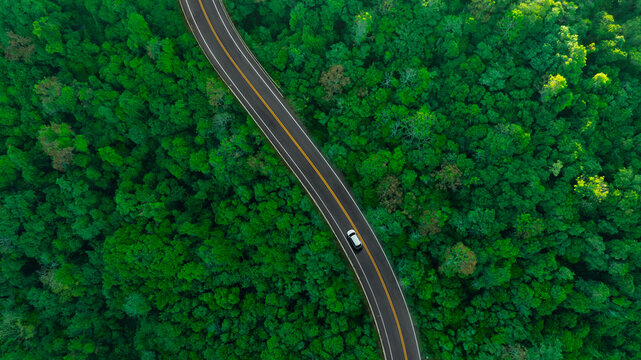 Aerial view of dark green forest road and white electric car Natural landscape and elevated roads Adventure travel and transportation and environmental protection concept	