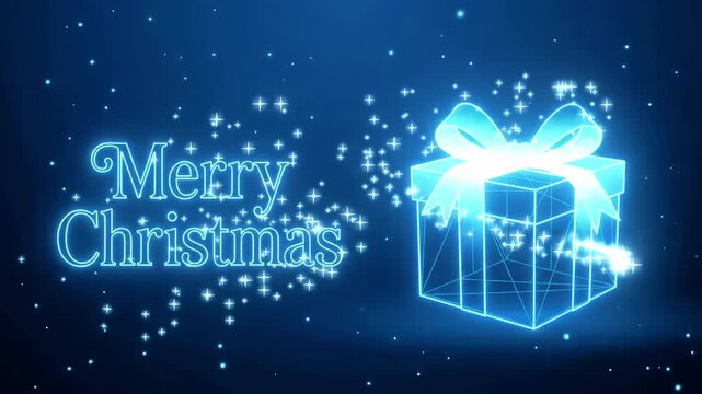 Merry christmas gift box neon animation background with glowing blue light seamless loop
