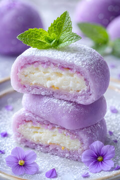 tack of delicious purple taro mochi filled with cream and dusted with powdered sugar garnished with mint leaves