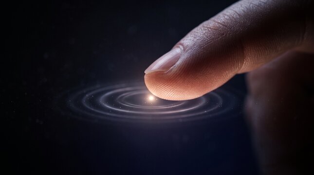Human finger touching glowing light particle creating ripples on dark surface background