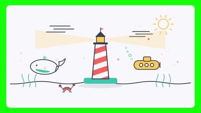 Lighthouse Beam Guiding Submarine Cartoon Animation Ocean