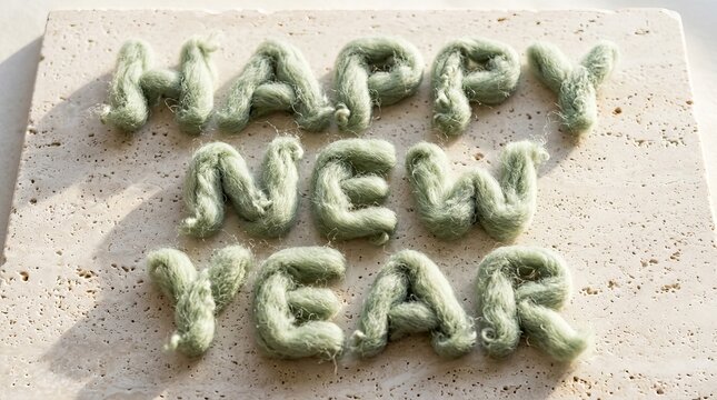 Happy new year" spelled out with soft, pale green wool roving on a textured stone surface lettering words