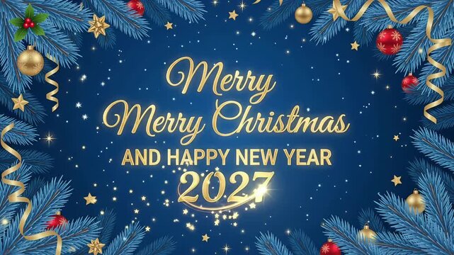 merry merry christmas happy new year 2027 pine branch ornament motion graphic background loop
