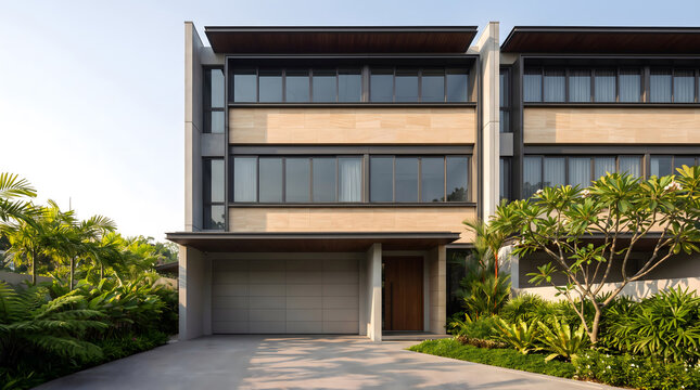 Exterior view of a three-story residential townhouse with beige stone cladding, dark window frames, and a ground-level garage door