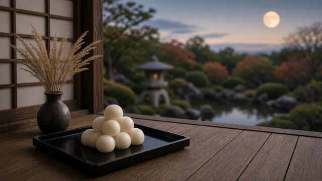 Traditional Japanese Tsukimi moon viewing arrangement with dango on engawa at full moon blue hour