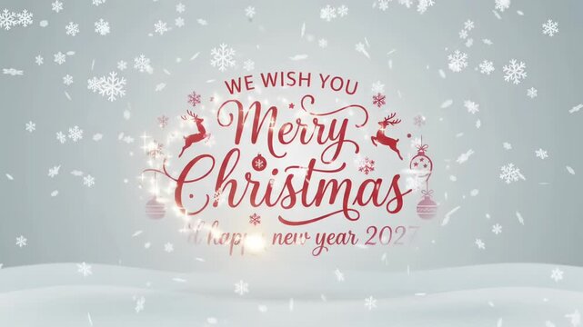 merry christmas and happy new year 2027 text with falling snow motion background loop
