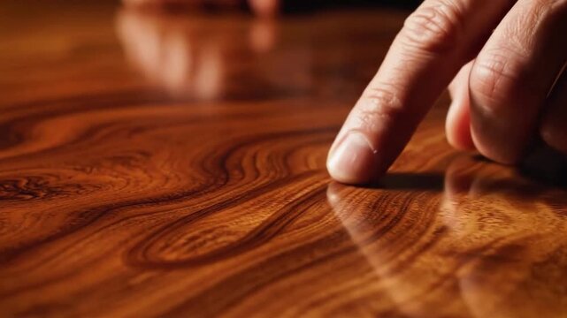 Macro shot of male hand finger touching and tracing smooth polished luxury wood table surface with glossy varnish finish in warm side lighting, showcasing fine craftsmanship quality tactile texture