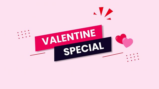 Pink Valentine special banner with bold white lettering, red heart accents and decorative burst shapes on a soft pink background, 2D vector illustration.