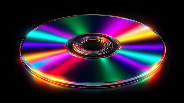 Compact disc reflecting vivid rainbow spectrum light rays across its metallic surface on black.