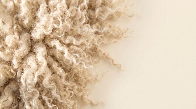Raw natural sheep wool fleece curls in raking light, soft ivory texture background with copy space