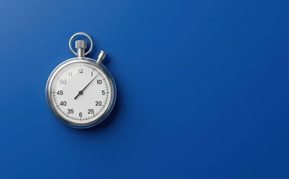 Silver stopwatch timer on vibrant blue background symbolizing time management, deadlines, and efficiency