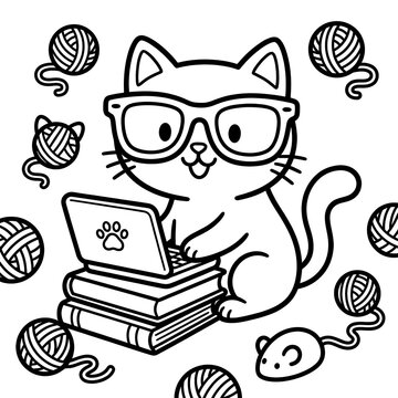 Cute cat with laptop coloring page