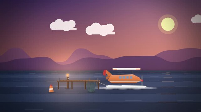 Orange seaplane moored at a wooden pier full scene seamless loop