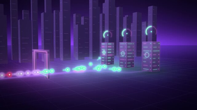Purple dDoS shield load balancer splitting traffic looping motion