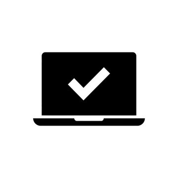 A black laptop icon with a white checkmark symbol representing success and completion
