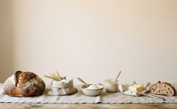 Rustic sourdough bread baking ingredients on linen table for artisanal food photography concept