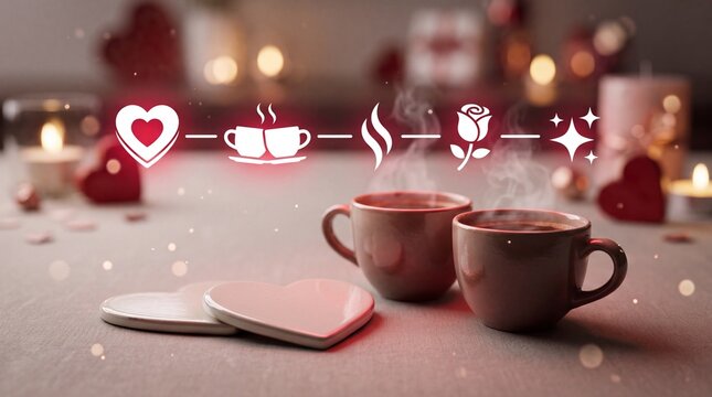 Valentine's Day Two cups of hot coffee with heart shaped coasters on a table with decorative icons with icons floating with floating above them