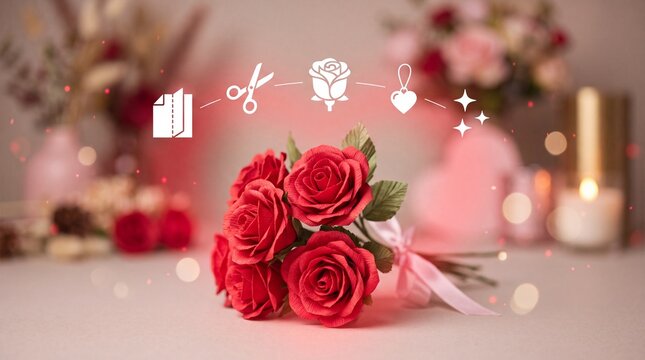 Valentine's Day Paper red rose bouquet with craft icons against a soft blurred background for holiday celebration with ambient lighting background