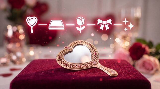 Valentine's Day Heart shaped hand mirror placed on a velvet red box with decorative icons on a blurred background with accompanied row glowing