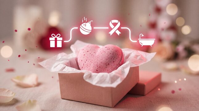 Valentine's Day Heart shaped bath bomb in gift box with icons for relaxation and wellness on light surface with awareness blurred background