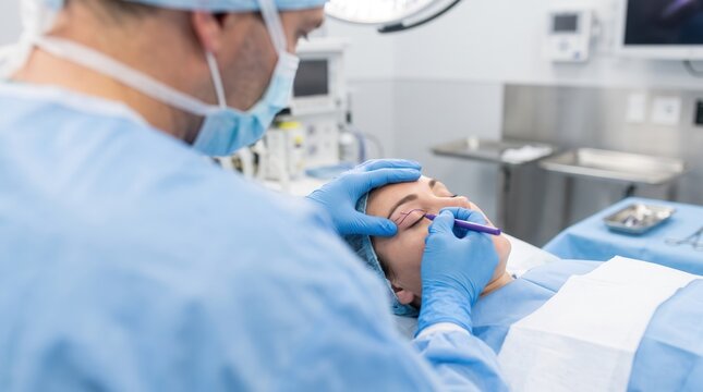 Male surgeon marking female patient's eyelid for blepharoplasty in a modern operating room, capturing clinical precision for plastic surgery clinic marketing and medical education.