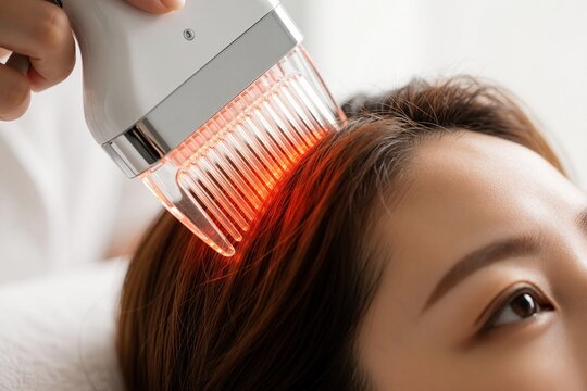 Young woman receives darsonval scalp massage in beauty salon. Pro electric high frequency therapy helps hair growth, scalp health. Cosmetologist uses comb device for hair care treatment to prevent