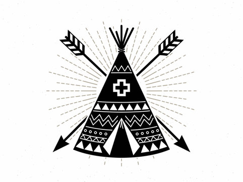 Native American Teepee with Crossed Arrows and Sunburst Tribal Illustration