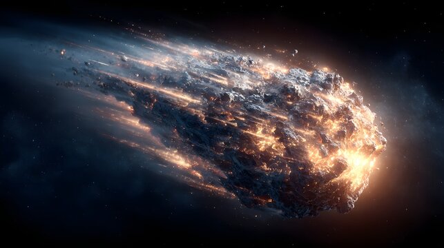 Glowing fiery meteoroid speeding through deep space with burning trail and debris fragment particle effect.