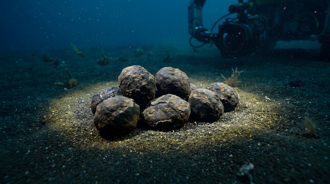 Cluster of valuable mineral nodules on dark abyssal plain sediment bed