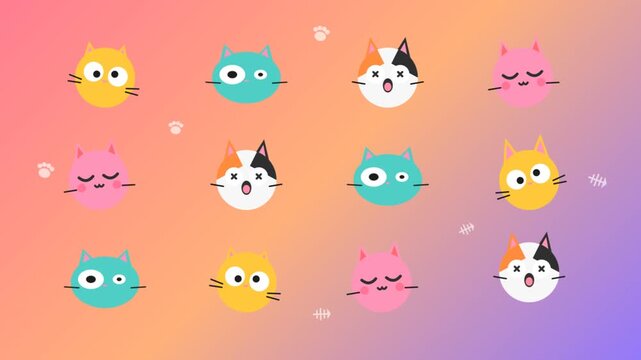 Cute colorful cartoon cat face avatars animation with various expressions on warm gradient background, flat vector motion graphic for pet care presentation and kids web design