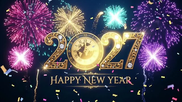 happy new year 2027 gold clock fireworks motion graphic background loop
