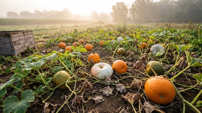Autumn pumpkin patch field harvest in morning sunlight stock photo