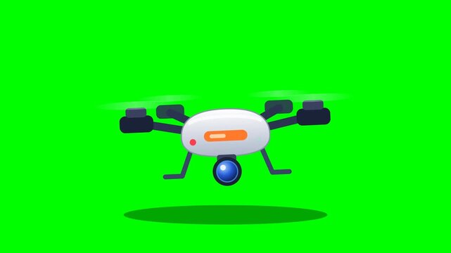 Six flat style drone quadcopters flying on green screen