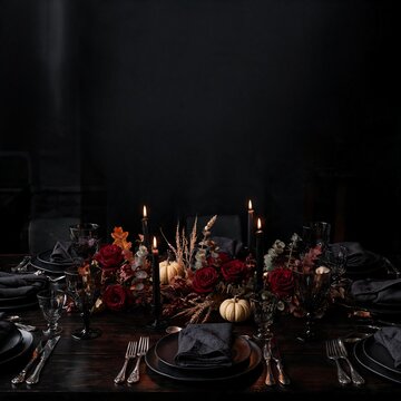 Luxury Gothic Halloween Dinner Table with Burgundy Roses and Black Candles