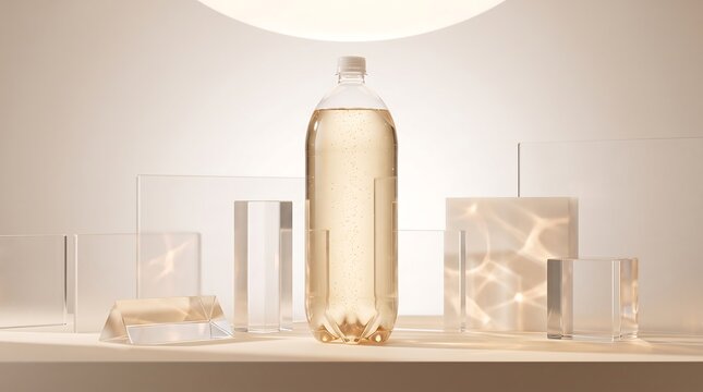 A 2 liter soda bottle displayed on a minimalist table with geometric glass shapes and soft golden aesthetic lighting