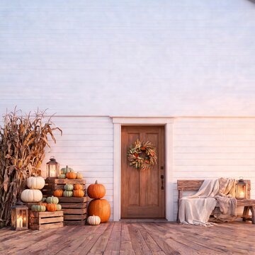 Cozy Farmhouse Porch Decorated with Autumn Pumpkins and Warm Lanterns
