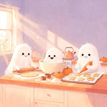 Cute Halloween Ghosts Baking Cookies in a Cozy Storybook Kitchen