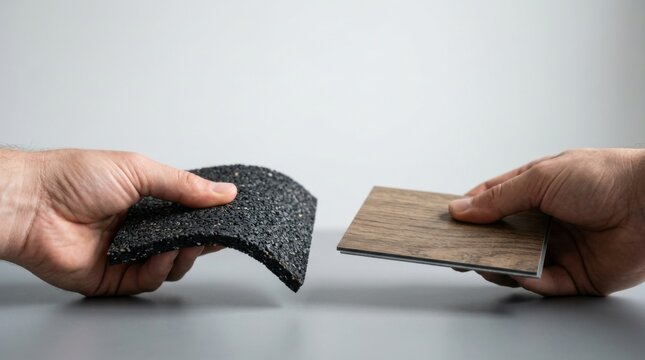 Two hands comparing textured material samples with wood grain texture