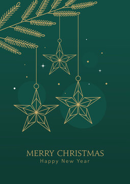 Luxury emerald green christmas greeting card template with gold pine branch and hanging geometric stars