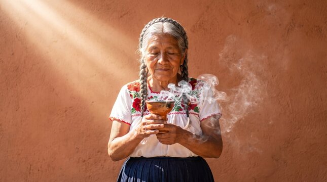 Elder woman holding ceremonial bowl with copal incense smoke, traditional mexican clothing