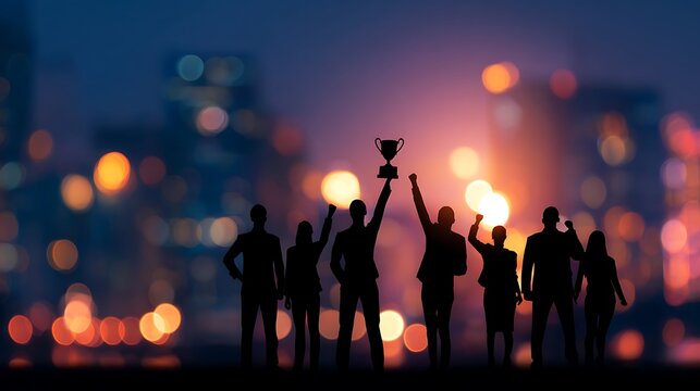 Silhouette of business team celebrating victory with a trophy