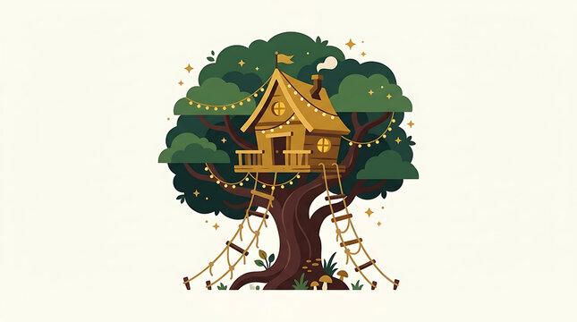 Cozy wooden treehouse with rope ladders nestled in a large green tree
