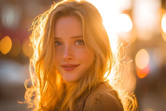 beautiful blonde woman with freckles smiling in golden hour sunlight