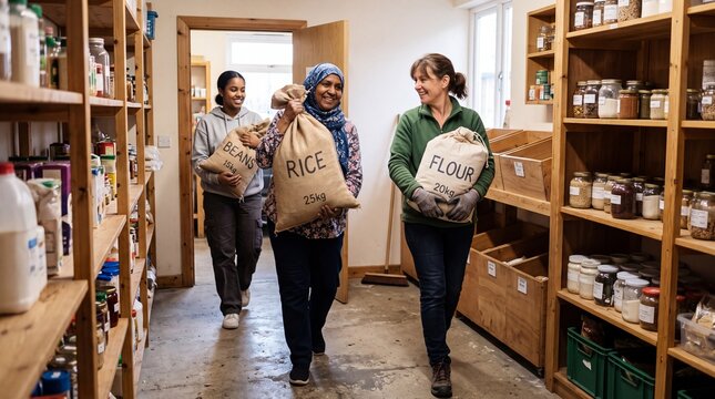 Diverse group of women carrying sacks of rice flour and beans in a bulk food store