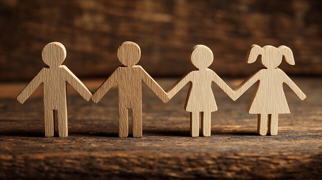 Wooden family figures holding hands on a rustic background