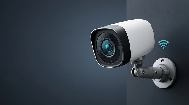 Modern wireless security camera mounted on a dark wall for home and business surveillance monitoring system