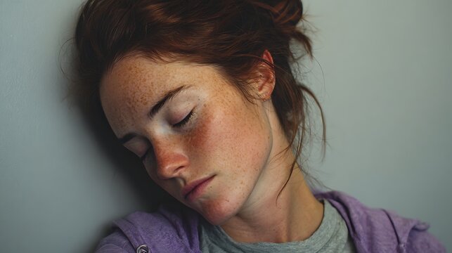 serene young woman with freckles and red hair sleeping against wall