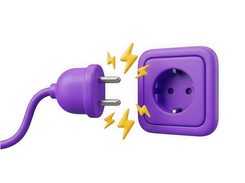 Isolated Purple electric plug and wall socket with yellow energy sparks 3d icon
