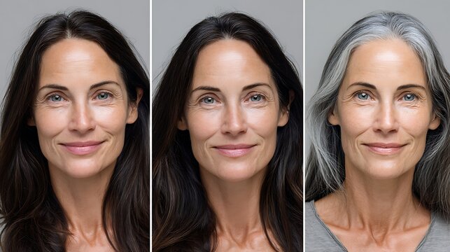 Middle aged woman aging transformation from dark to grey hair and skin
